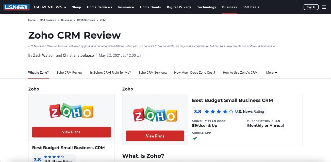 Zoho Reviews and Ratings by US News 360 Reviews