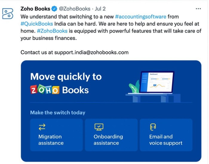 Zoho Books Offers to Support QuickBooks' Customers in India