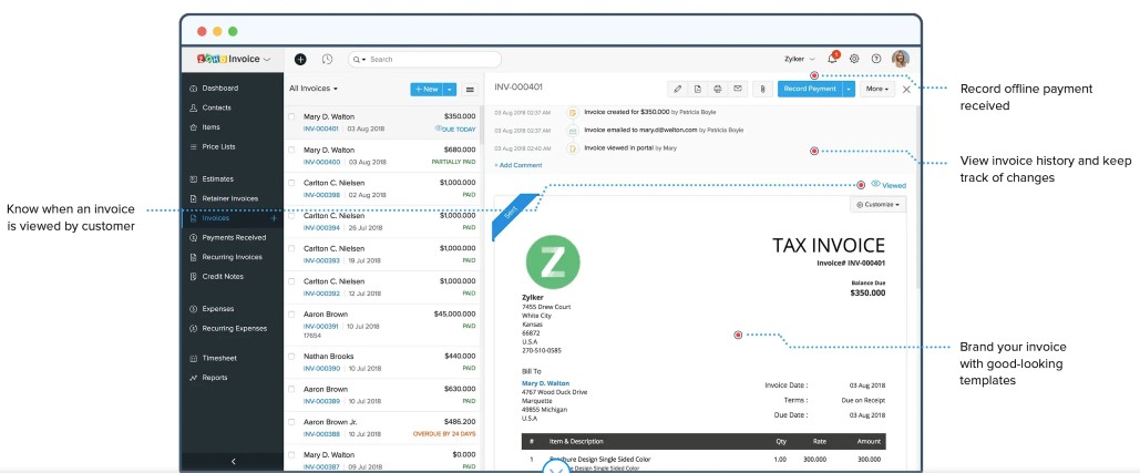 Zoho Invoice is available for free as a standalone application and is also included in the Zoho Finance Plus bundle