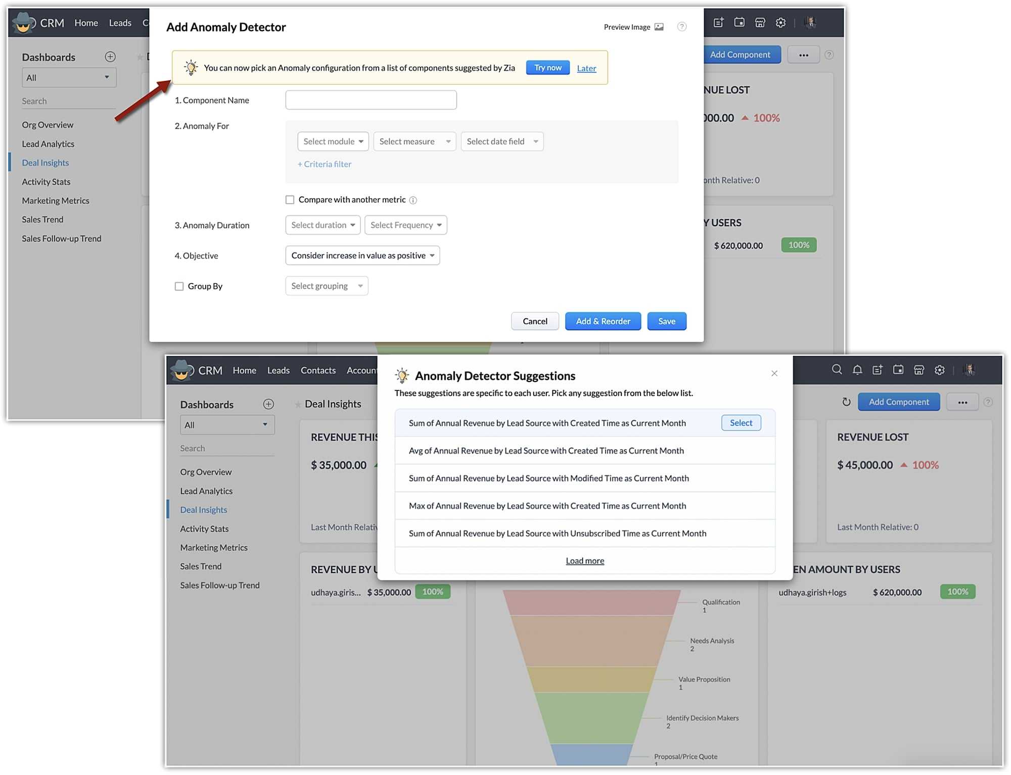 Add anomoly Detector Suggestions in Zoho CRM