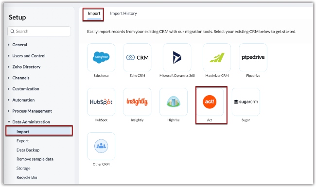 Data Import to Zoho CRM from ACT