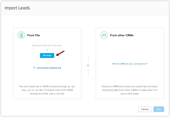 Browse to upload the file or drag and drop it in Zoho CRM