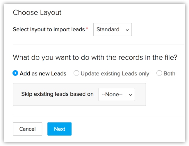 Choose the layout for importing records in Zoho CRM