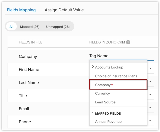 Map fields from the import file to those in Zoho CRM